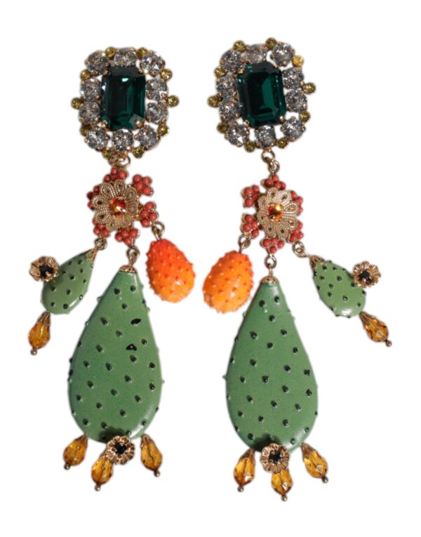 Dolce & Gabbana Green Cactus Crystal Clip On Dangling Jewelry Earrings - Image 2