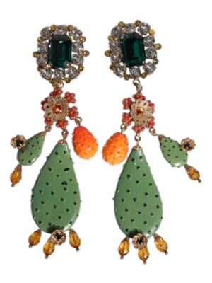 Dolce & Gabbana Green Cactus Crystal Clip On Dangling Jewelry Earrings