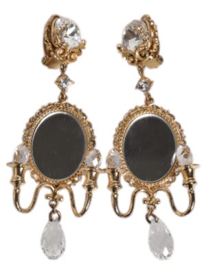 Dolce & Gabbana Gold Brass Clear Crystal Mirror Element Clip Dangling Earrings