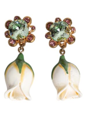 Dolce & Gabbana Brass White Flower Bloom Crystal Clip Dangling Earrings