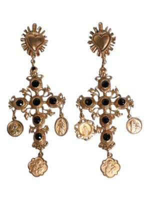 Dolce & Gabbana Gold Black Crystal Cross Sacred Heart Dangling Earrings