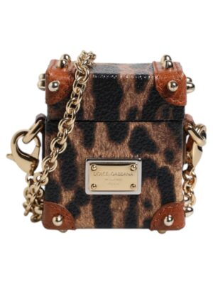 Dolce & Gabbana Brown Leopard Metal Logo Plaque Gold Chain Airpods Case
