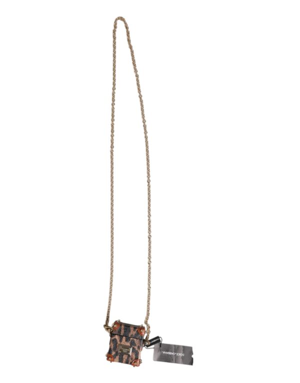 Dolce & Gabbana Brown Leopard Metal Logo Plaque Gold Chain Airpods Case - Image 6