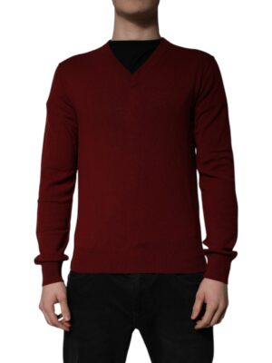 Dolce & Gabbana Maroon Cashmere V-neck Men Pullover Sweater