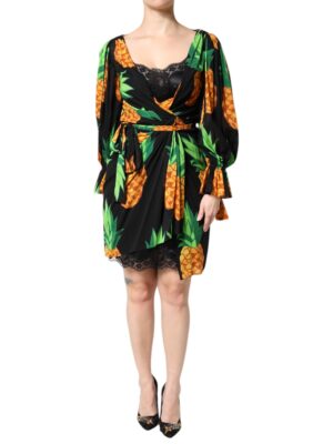 Dolce & Gabbana Black Silk Pineapple Draped Print Wrap Dress