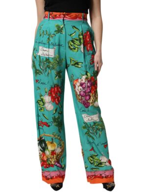 Dolce & Gabbana Green Silk Printed Straight Pants