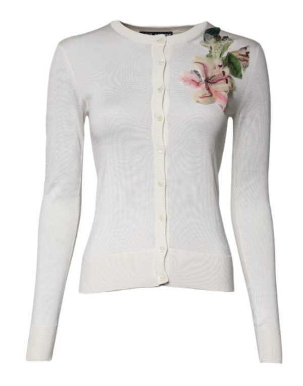 Dolce & Gabbana Cream Floral Silk Embellished Cardigan Sweater - Image 2