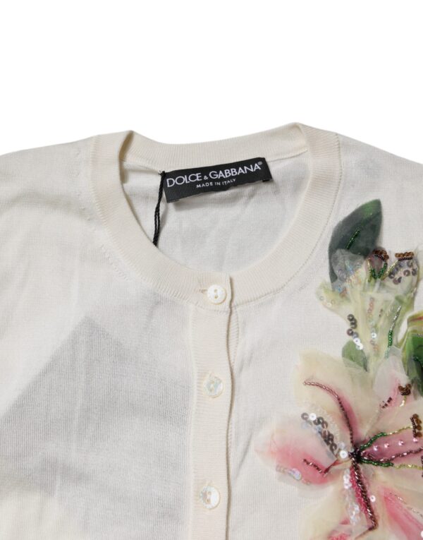 Dolce & Gabbana Cream Floral Silk Embellished Cardigan Sweater - Image 5