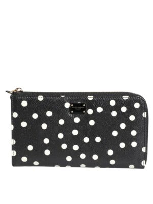 Dolce & Gabbana Black White Dotted Leather Zip Around Continental Wallet