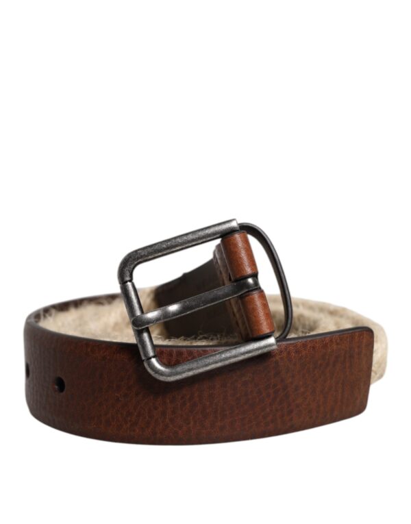 Dolce & Gabbana Brown Jute Leather Woven Metal Buckle Belt - Image 2