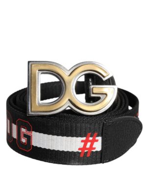 Dolce & Gabbana Black White Printed Metal Logo Buckle Belt