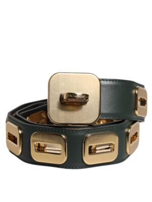 Dolce & Gabbana Green Leather Gold Tone Rotating Buckle Belt
