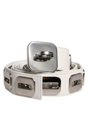 Dolce & Gabbana White Leather Gold Tone Rotating Buckle Belt