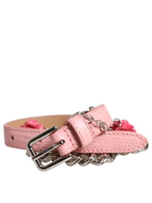 Dolce & Gabbana Pink Embelished Roses Textured Leather Belt