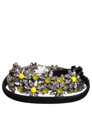 Dolce & Gabbana Black Leather Daisy Crystal Embellish Waist Belt