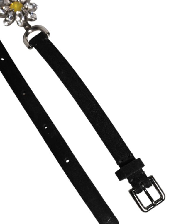 Dolce & Gabbana Black Leather Daisy Crystal Embellish Waist Belt - Image 7