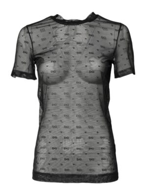 Dolce & Gabbana Black Nylon Sheer Logo Monogram Crew Neck Top