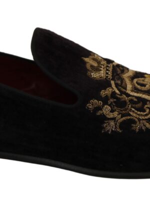 Dolce & Gabbana Elegant Black Loafers with Gold Crown Embroidery