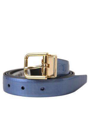Dolce & Gabbana Metallic Blue Leather Gold Metal Buckle Belt