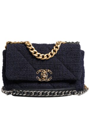 Chanel Dark Blue Medium Flap Tweed CC Gold Gray Chain Shoulder Bag