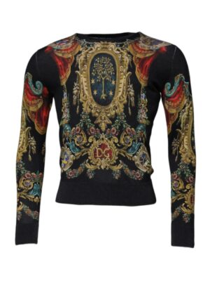 Dolce & Gabbana Black Heraldic DG Silk Round Neck Pullover Sweater