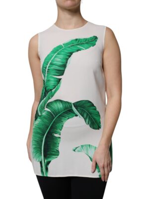Dolce & Gabbana White Banana Leaf Print Round Neck Tank Top