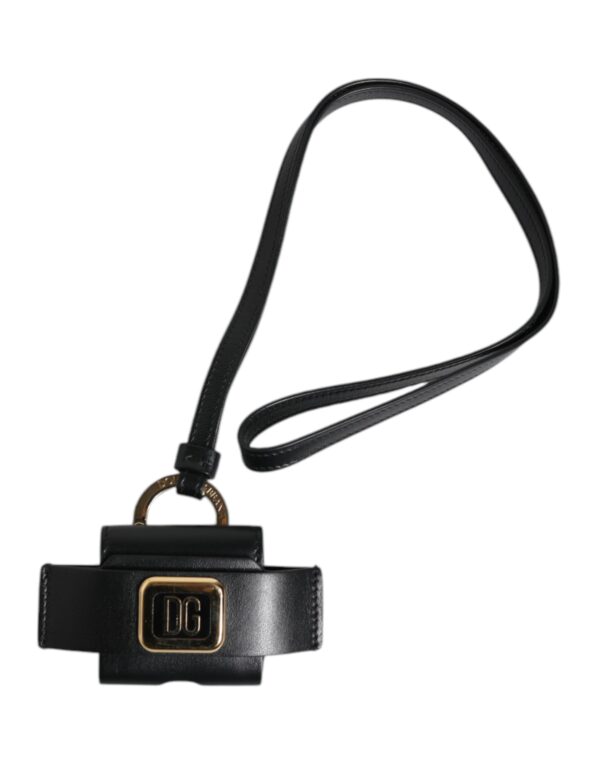 Dolce & Gabbana Black Leather Strap Gold Metal Logo Plaque Airpods Case - Image 2