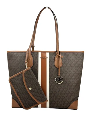 Michael Kors Eva Large Stripe Travel Tote Bag Plus Pouch Brown