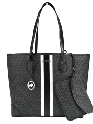 Michael Kors Eva Large Stripe Travel Tote Bag Plus Pouch Black