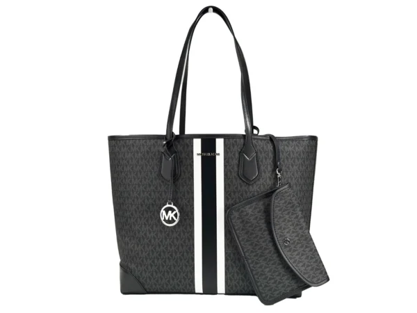 Michael Kors Eva Large Stripe Travel Tote Bag Plus Pouch Black