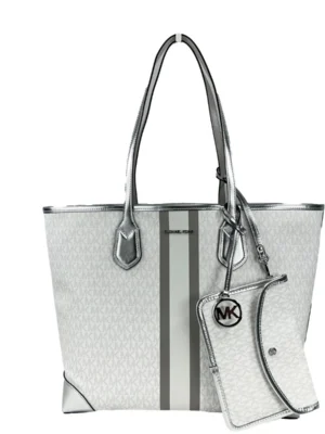 Michael Kors Eva Large Stripe Travel Tote Bag Plus Pouch White