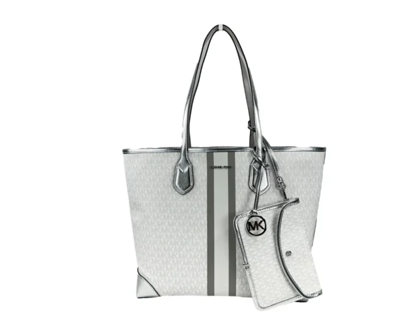 Michael Kors Eva Large Stripe Travel Tote Bag Plus Pouch White