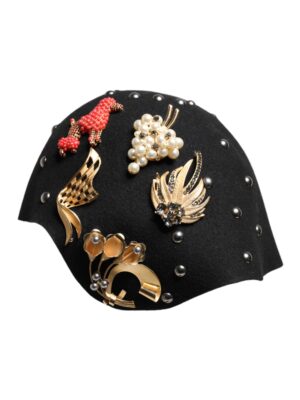 Dolce & Gabbana Black Wool Multicolor Embellished Cloche Hat