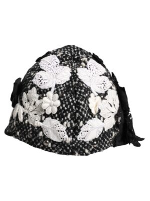 Dolce & Gabbana Black Wool White Floral Embellished Cloche Hat