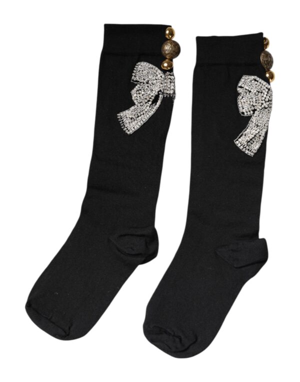 Dolce & Gabbana Black Knit Floral Crystal Embellishment Socks - Image 3