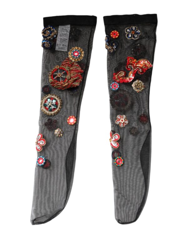 Dolce & Gabbana Black Stretch Carretto Crystal Stockings Socks - Image 2