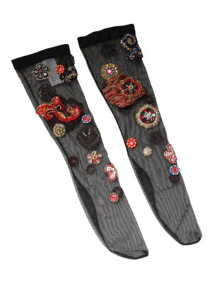 Dolce & Gabbana Black Stretch Carretto Crystal Stockings Socks