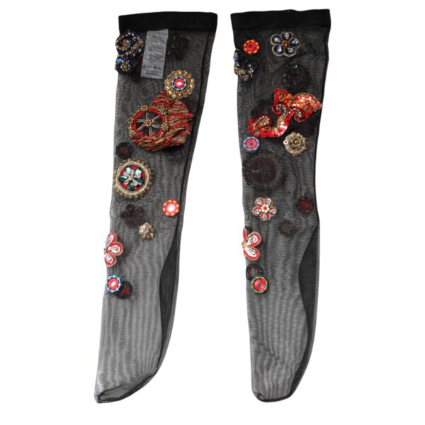 Dolce & Gabbana Black Stretch Carretto Crystal Stockings Socks - Image 5