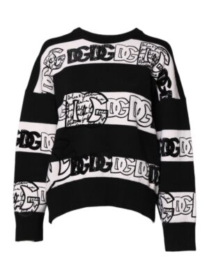 Dolce & Gabbana Black White Logo Print Wool Pullover Sweater