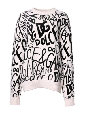 Dolce & Gabbana White Black Logo Print Women Pullover Sweater