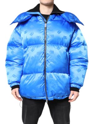 Dolce & Gabbana Blue Logo Full Zip Hooded Quilted Jacket