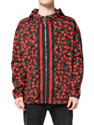 Dolce & Gabbana Black Cherry Print Hooded Windbreaker Jacket