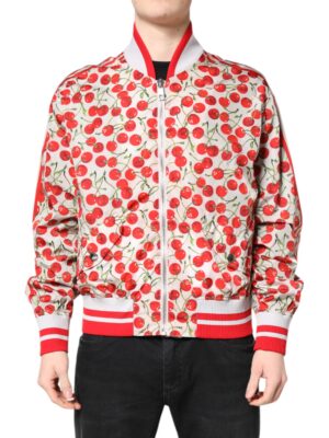 Dolce & Gabbana White Cherry Print Full Zip Bomber Jacket