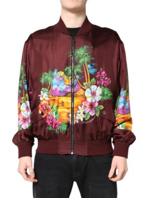 Dolce & Gabbana Maroon Floral Print Full Zip Bomber Jacket