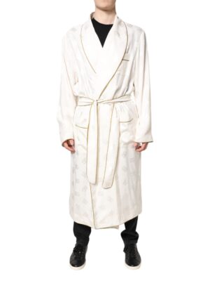 Dolce & Gabbana Ivory Silk Logo Men Wrap Robe Coat Jacket