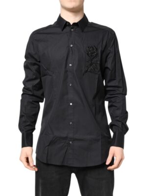 Dolce & Gabbana Black Floral Gold Cotton Dress Formal Shirt