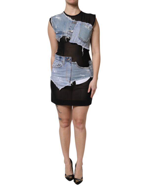 Dolce & Gabbana Black Blue Sleeveless Denim Mini Dress
