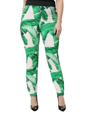 Dolce & Gabbana White Green Leaf High Waist Pants