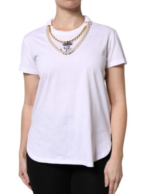 Dolce & Gabbana White Chain Pearl Cotton Round Neck T-shirt