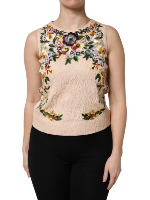 Dolce & Gabbana Beige Floral Embroidery Sleeveless Tank Top
